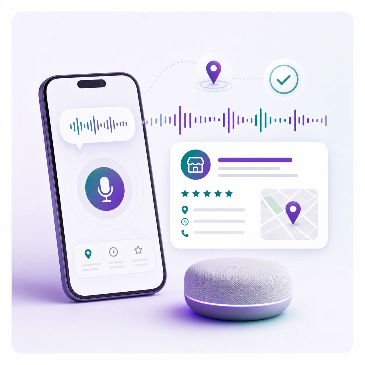 Mockup of a voice query moving from a phone and smart speaker into a local result card.