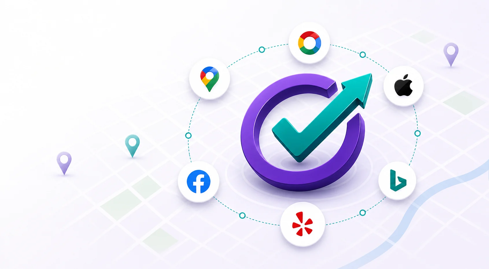 Verification check mark over a local map with directory platform markers