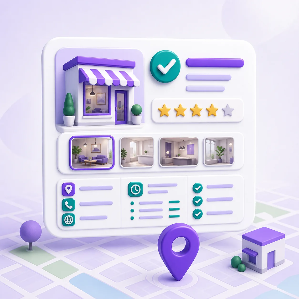 Verified local business profile card over a map grid