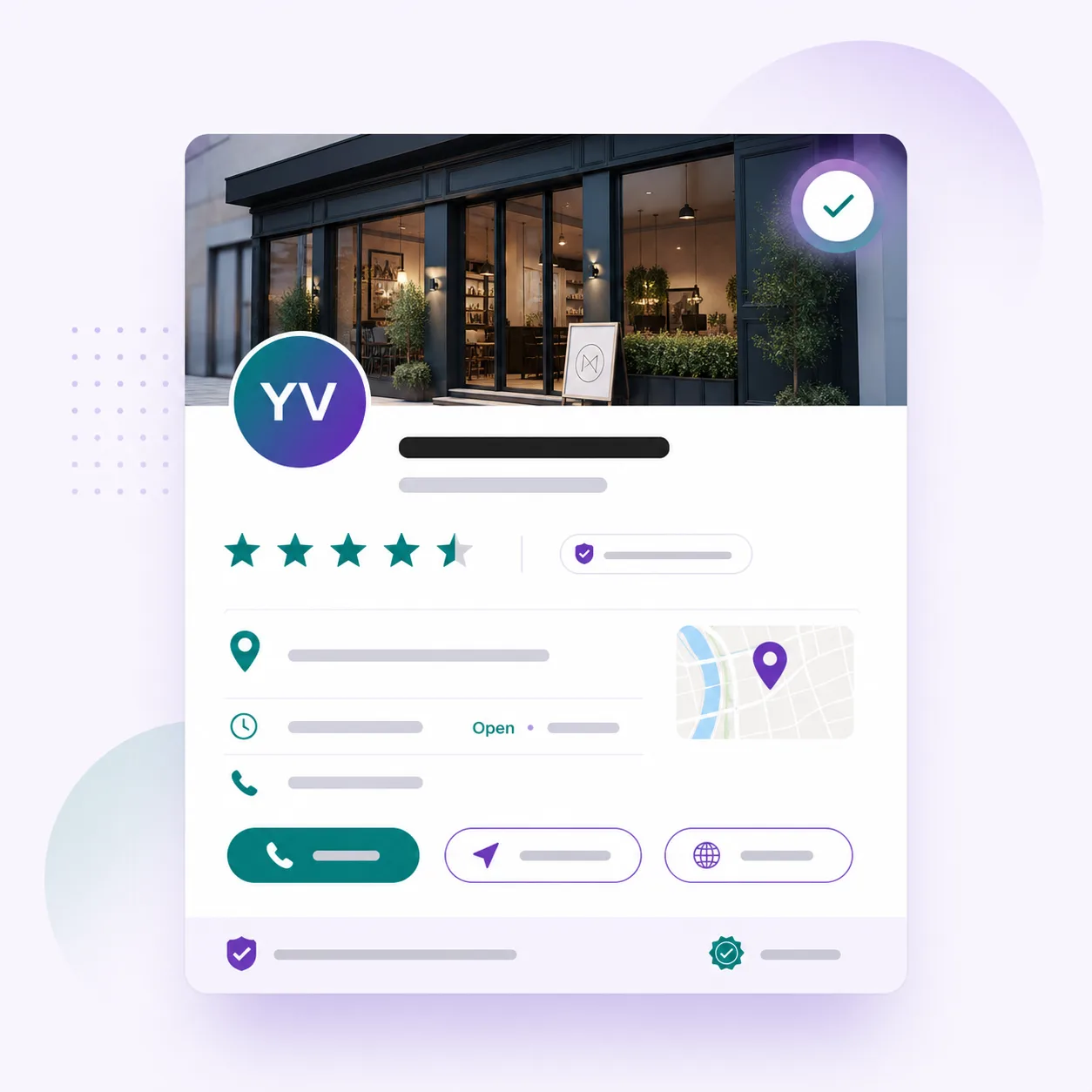Mockup of an optimized local business profile with reviews, map, and contact actions.